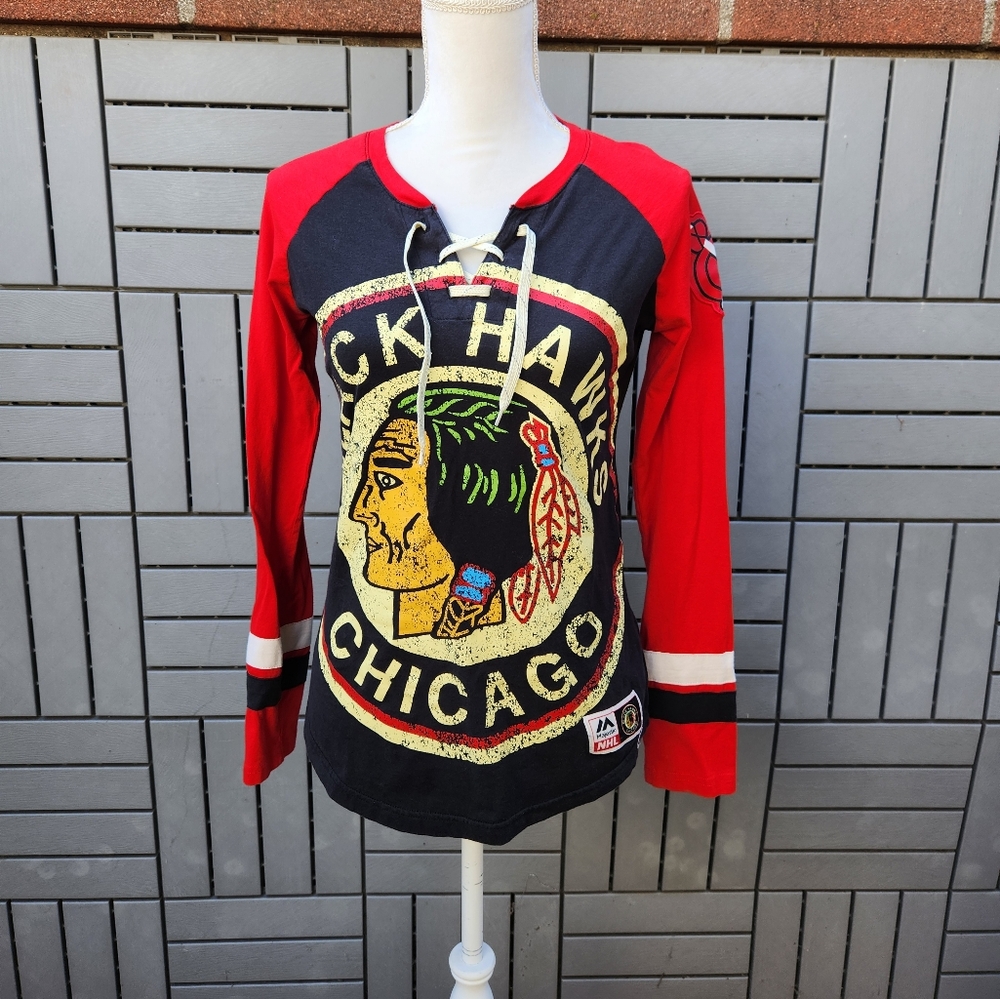 Chicago Blackhawks Lace Up Long Sleeve Shirt NHL Hockey Jersey